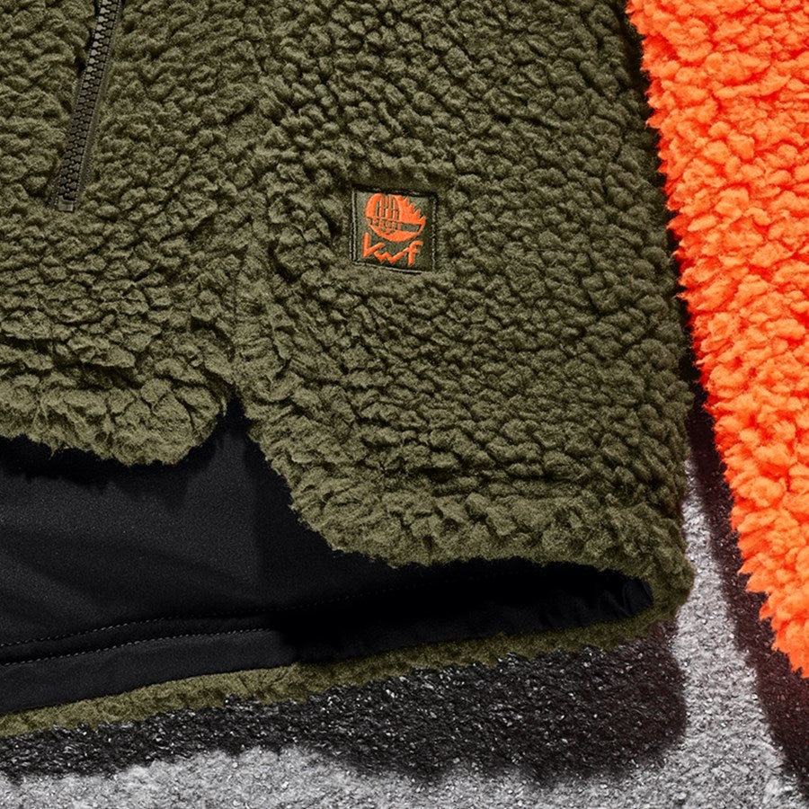 Detailed image e.s. Forestry faux fur jacket high-vis orange/mudgreen